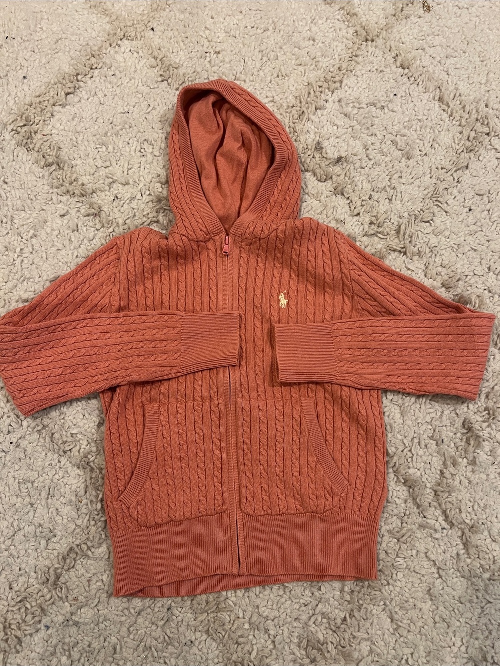 Ralph Lauren Cable-Knit Hooded Zip Sweater - Coral